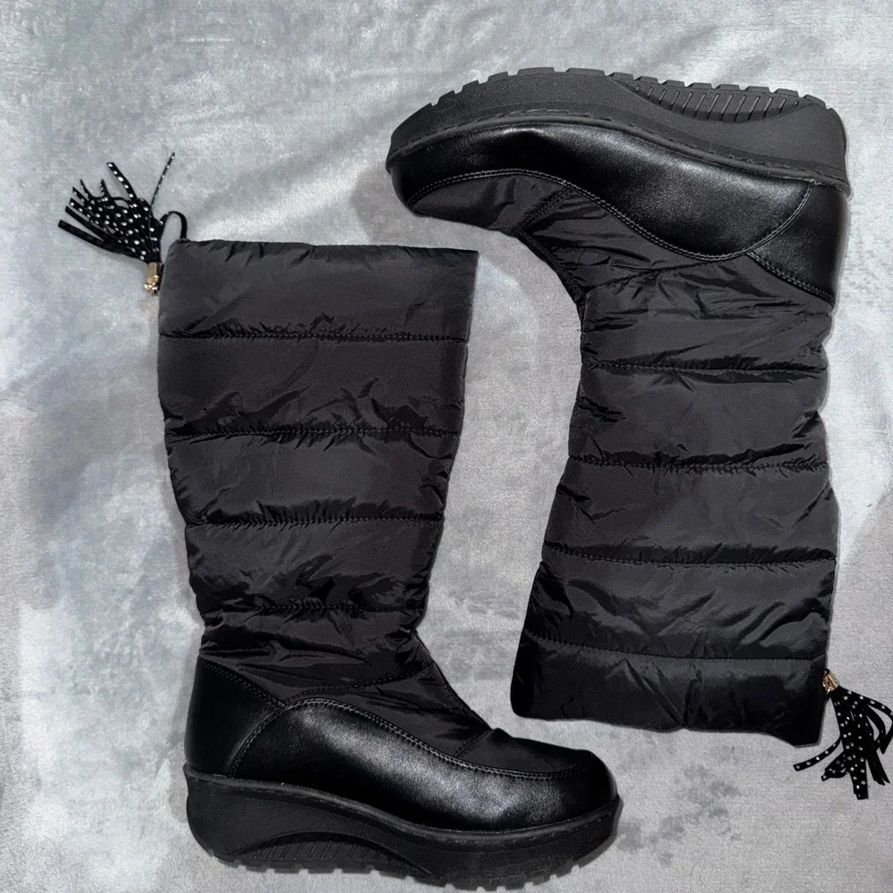 Unbranded Womens Puffer Snow Boots 39 Black Faux Fur Lined Tassel Zip